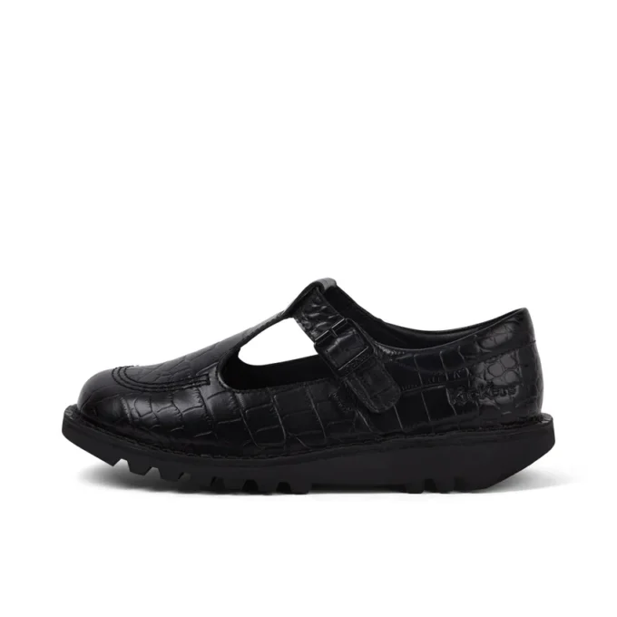 Kickers T-bar voor dames, krokodillenleer, zwart