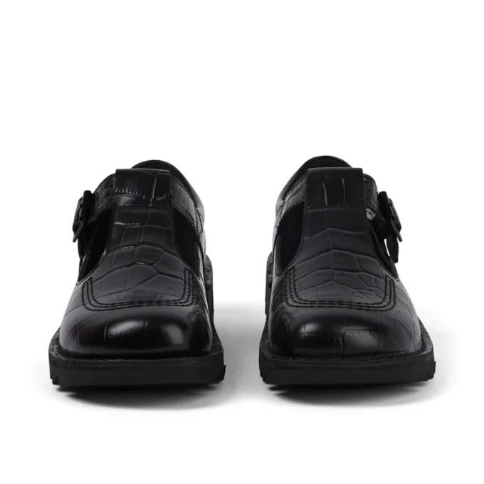 Kickers T-bar voor dames, krokodillenleer, zwart