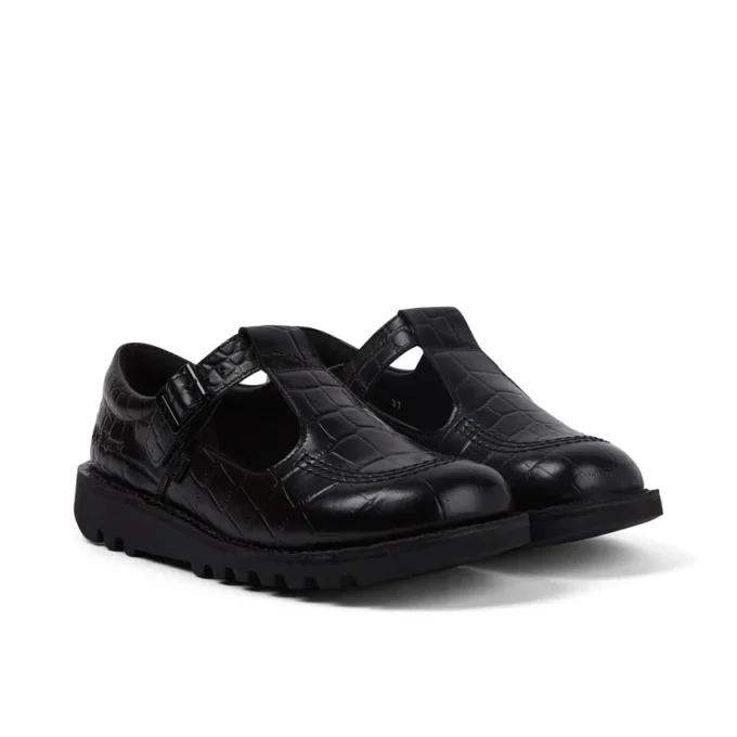 Kickers T-bar voor dames, krokodillenleer, zwart