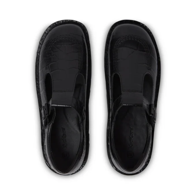 Kickers T-bar voor dames, krokodillenleer, zwart