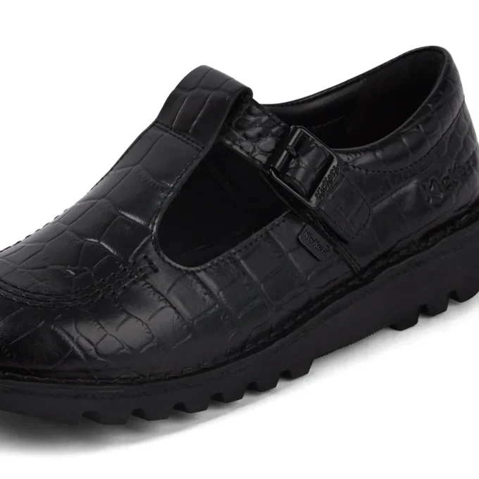 Kickers T-bar voor dames, krokodillenleer, zwart